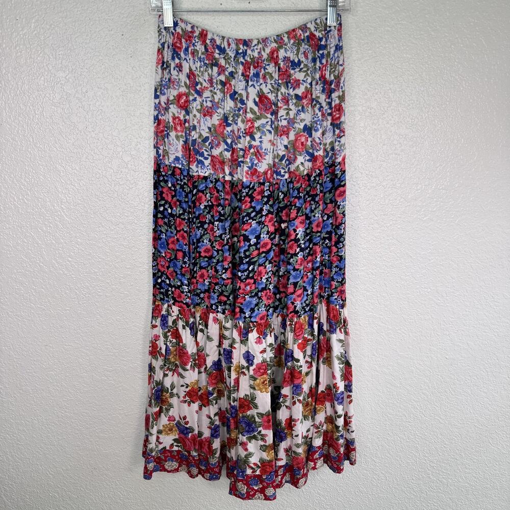 Vintage Floral Skirt Women One Size Tiered Maxi Boho Presant Made In Texas Rayon